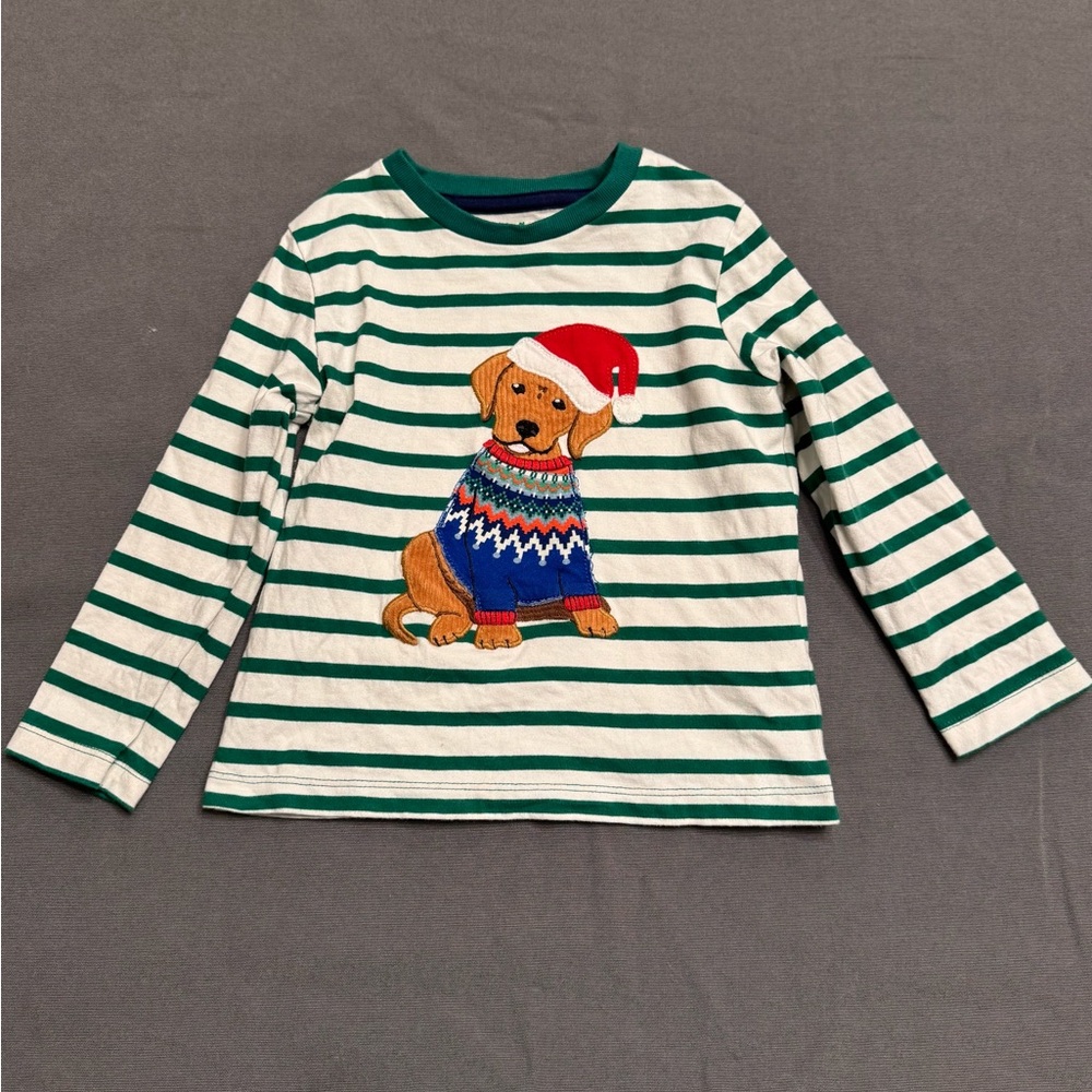 Mini Boden Green and White Striped Shirt with Festive Dog